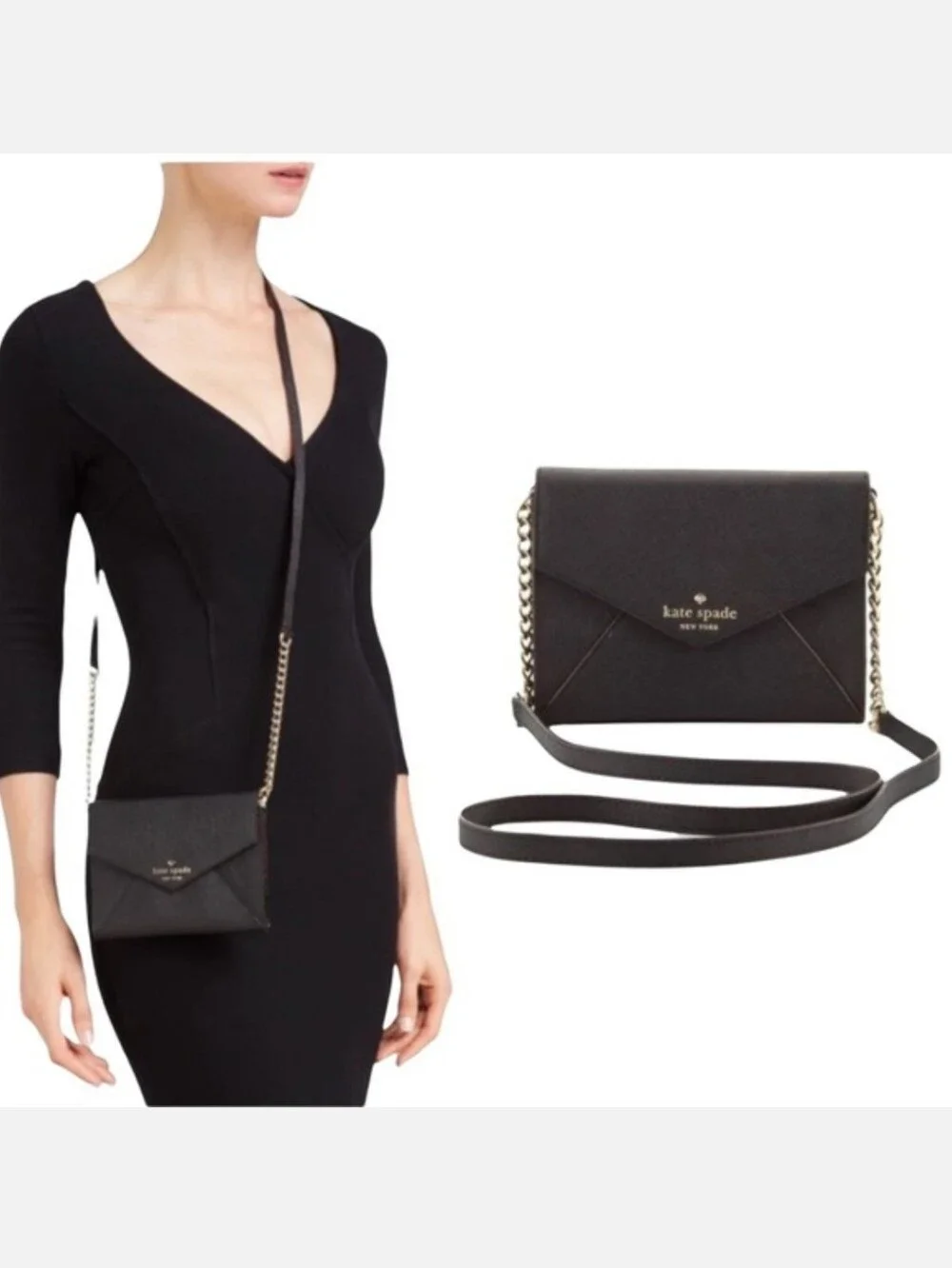 Kate Spade Cedar Street Monday Black Crossbody Bag  Walet On Chain Black Leather